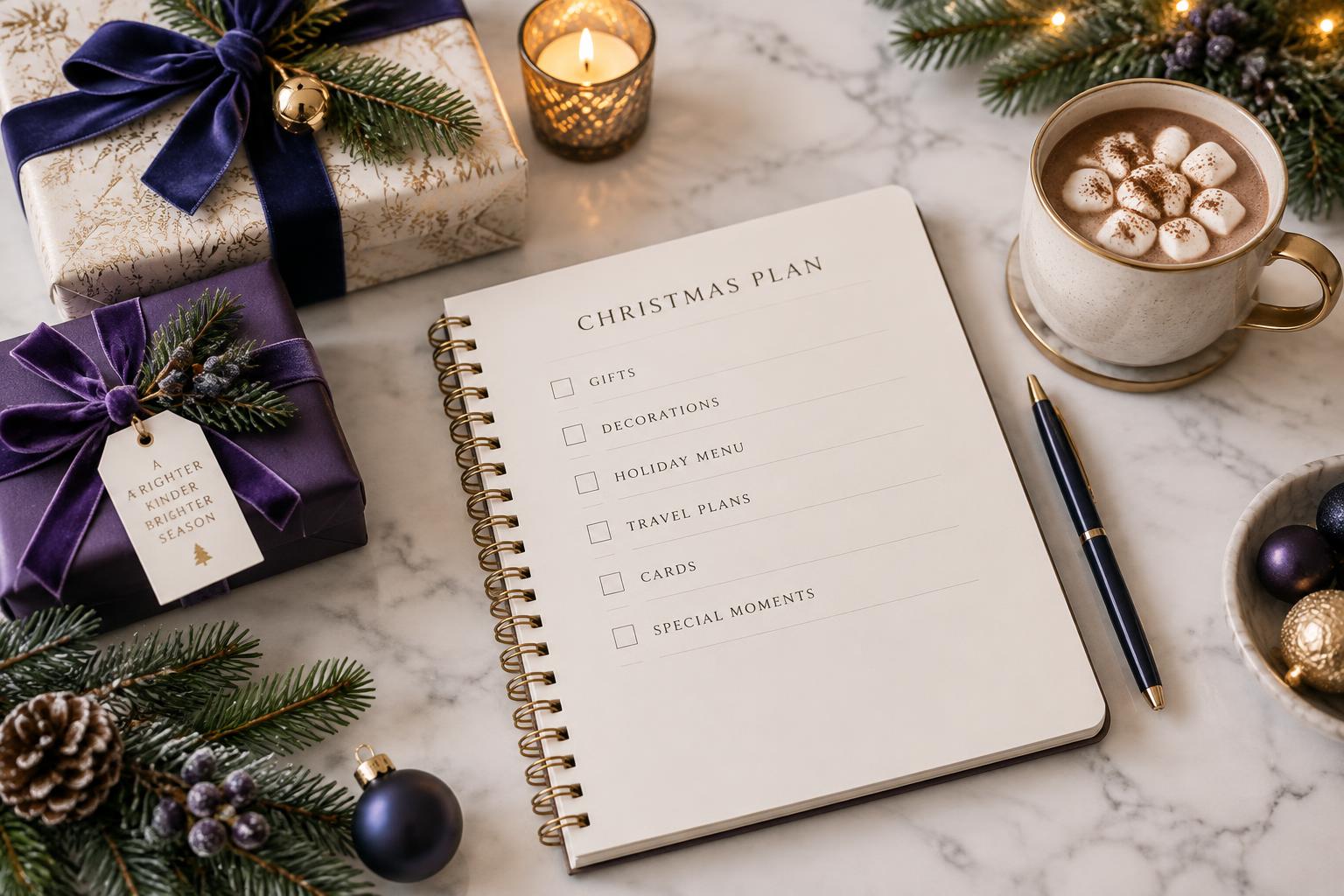 A Christmas planning checklist beside wrapped gifts, pine branches and a cup of cocoa